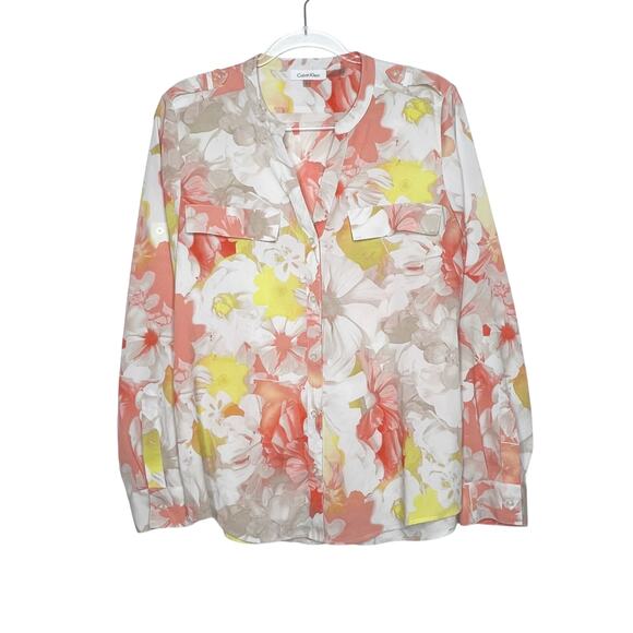 CALVIN KLEIN Abstract Floral-Print Roll-Tab Blouse Button Up Multi Womens Size L - Picture 2 of 7